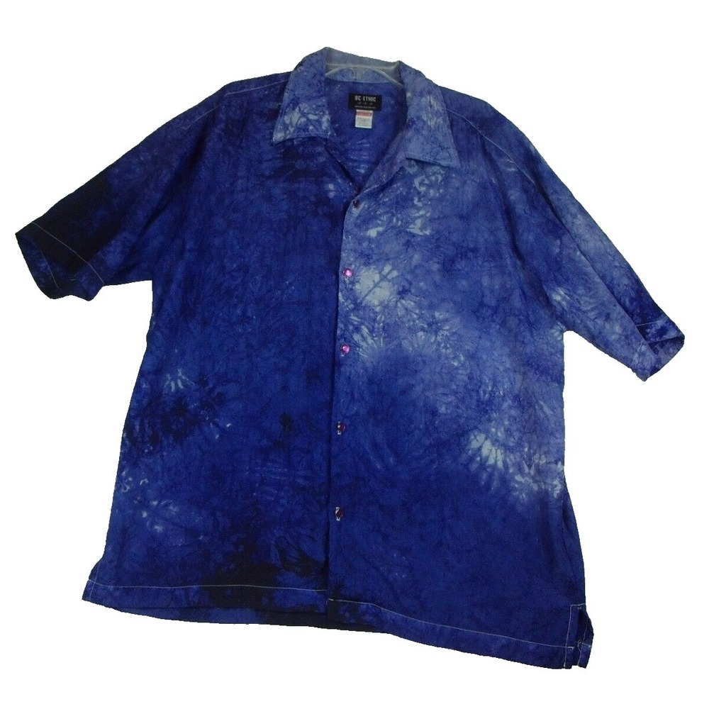 BC Ethic Mens XL Blue Tie Dye Short Sleeve Button‎ Up Shirt Nylon Made in USA